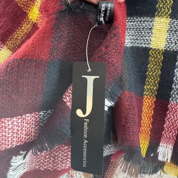 Oversized Classic Plaid Cozy Fall Blanket Square Scarf Burgundy Fringe Trim New - Picture 5 of 6